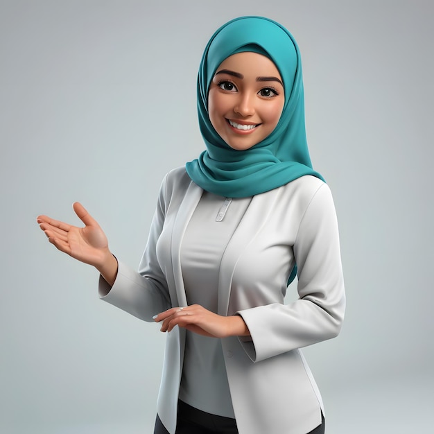 Smiling Woman in Hijab with Open Hand Gesture