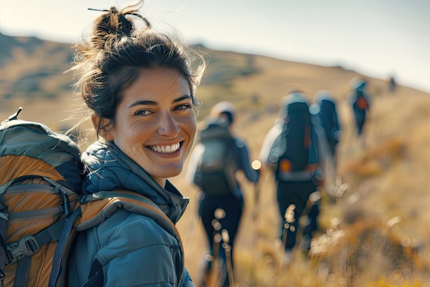 Smiling Woman Hiker with Friends Capturing the Moment