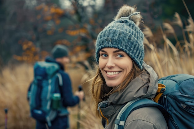 Smiling Woman Hiking in Nature with Boyfriend