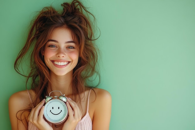 Smiling woman holding alarm clock with smiley face