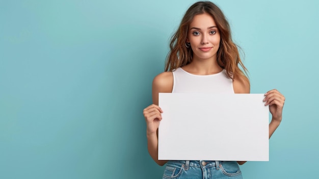 Smiling Woman Holding Blank White Board Against Blue Background