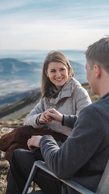 Photo smiling woman holding boyfriend hand and sitting on chair at mountain of poland