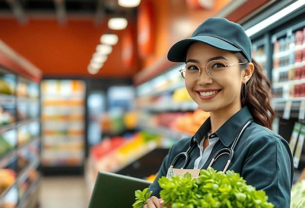 Photo a smiling woman holding a bunch of green vegetables in a grocery store