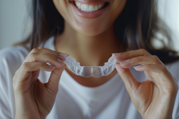 Smiling woman holding clear dental aligner in hands Teeth correction and oral health care solution Closeup image emphasizes dental hygiene and modern orthodontics Generative AI