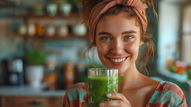 Smiling Woman Holding a Glass of Green Smoothie in Kitchen