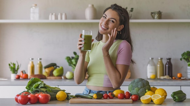 Photo smiling woman holding green juice with fresh vegetables in a modern kitchen healthy lifestyle