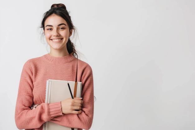 Smiling woman holding notebook and pen on white background