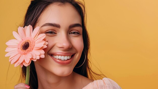 Smiling Woman Holding Pink Flower Against Yellow Background