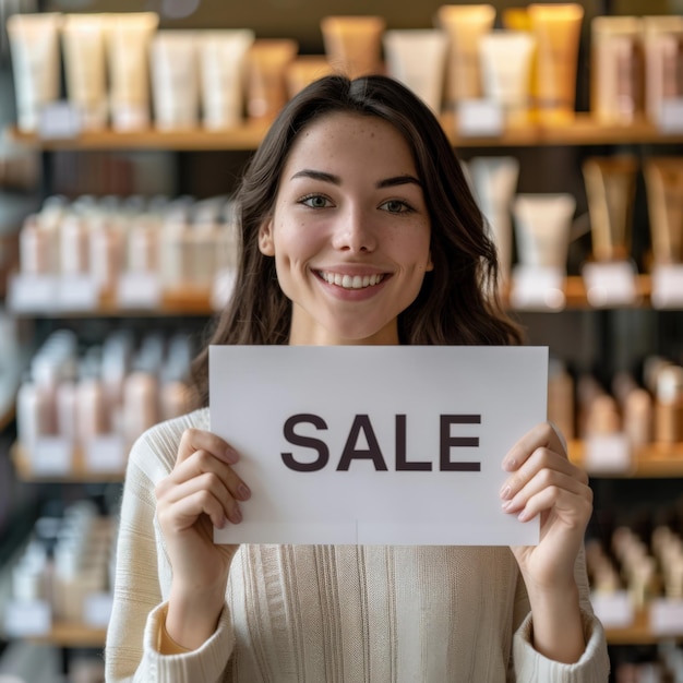 Smiling Woman Holding Sale Sign in Cosmetics Store