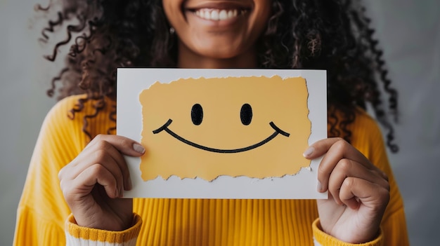 Photo smiling woman holding a smiley face card close to her face bright and cheerful mood conveyed by the yellow clothing and smiley face conceptual image for happiness and positivity ai