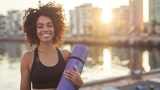 Smiling Woman Holding Yoga Mat at Sunset