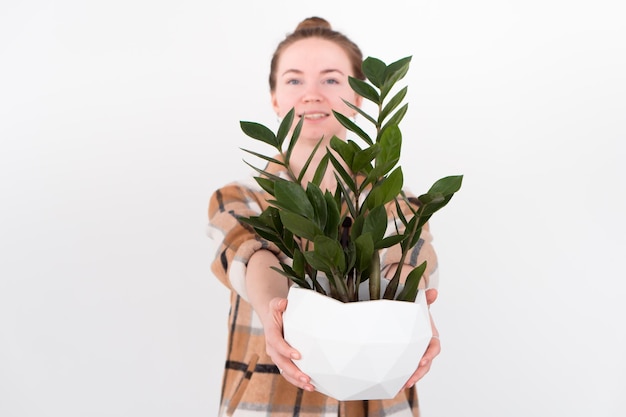 Smiling woman holding zamioculcas in white pot in hands