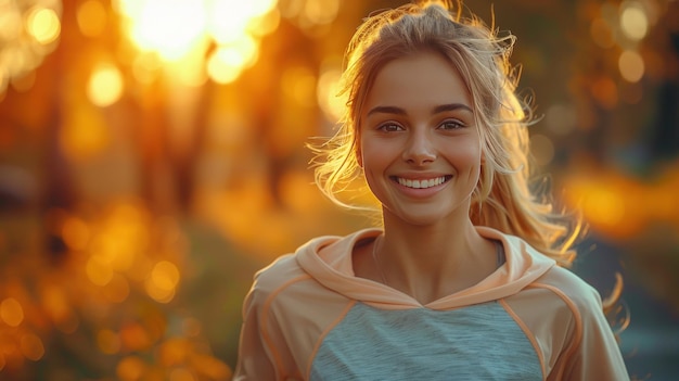 Smiling Woman in a Hoodie Against a Bokeh Background