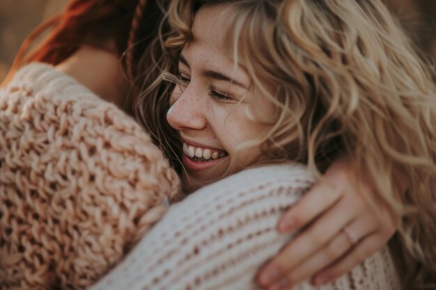 the smiling woman hugs each other