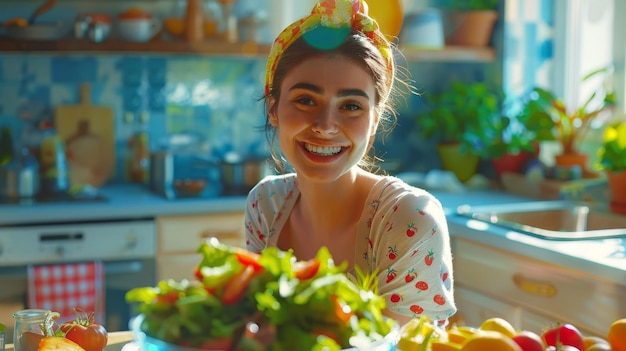 A smiling woman incorporating vibrant salads into her daily routine promoting a balanced and healthy approach to eating