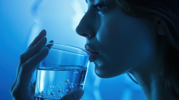 A smiling woman is holding a glass of water drink on blue background