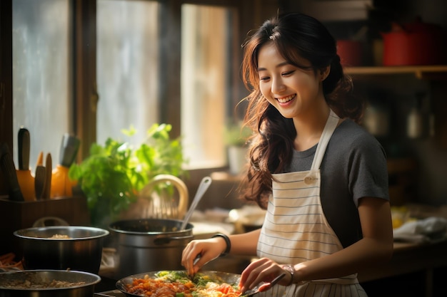 Smiling woman in kitchen girl cooking at home Generative AI