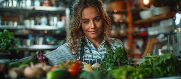 Photo smiling woman in a kitchen with fresh produce