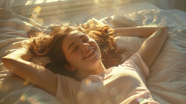 Photo a smiling woman lays in bed enjoying the warm morning sunlight expressing relaxation happiness and a peaceful start to the day