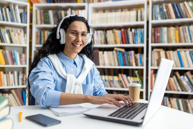 Smiling woman in a library setting using a laptop with headphones she is surrounded by expansive