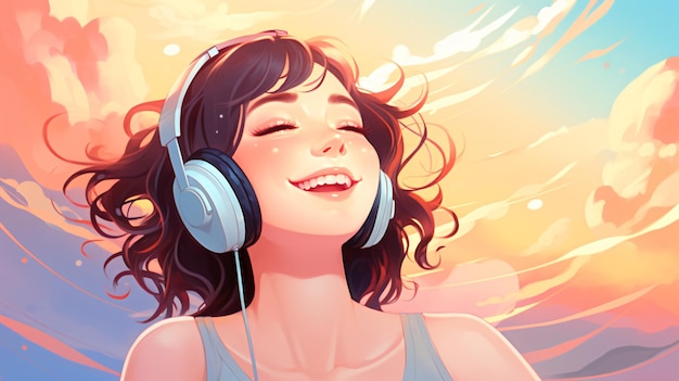 Smiling woman listening to music positive and joy