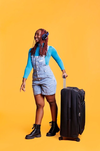 Smiling woman listening to music