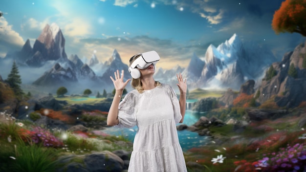 Photo smiling woman looking vr forest mountain ice wonderland snowfall contraption