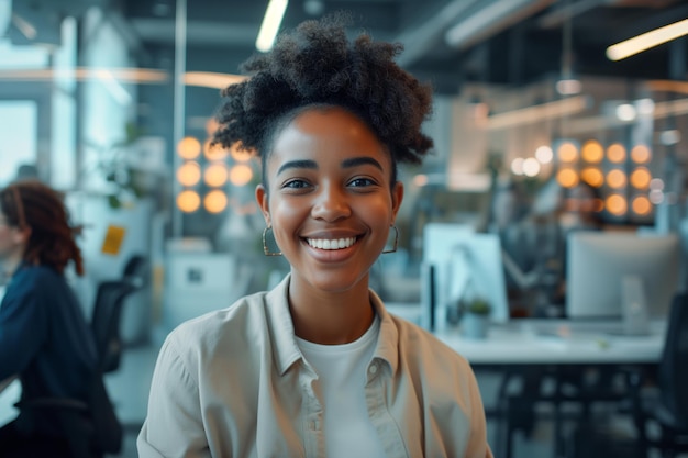 Smiling Woman in a Modern Office Setting