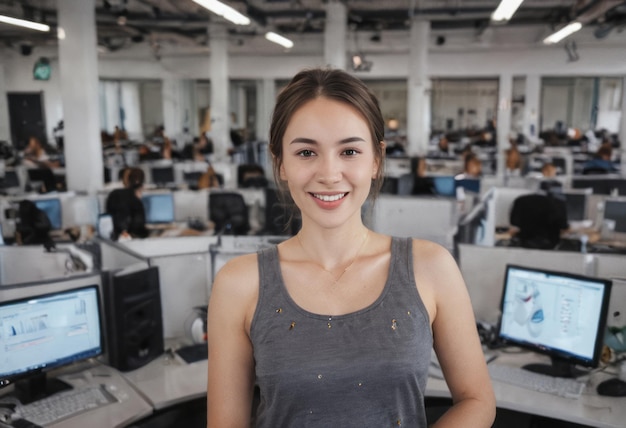 A smiling woman in an office with multiple monitors she wears a casual grey tank top