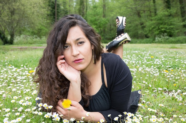 Smiling Woman Outdoors Enjoy Nature Meadow