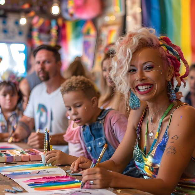 Photo smiling woman painting with kids