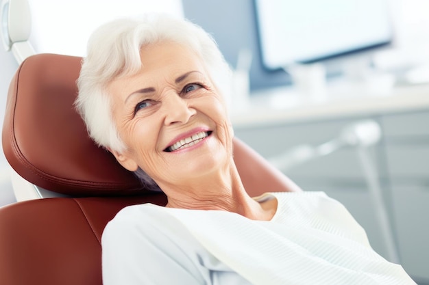 Smiling woman patient in chair at dental created with generative ai