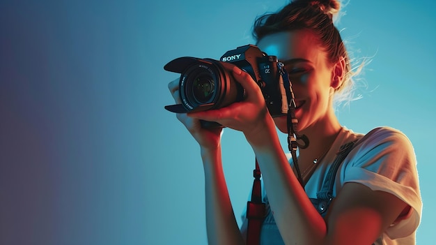 smiling Woman photographer is taking images photo with dslr camera isolated studio b Generative AI