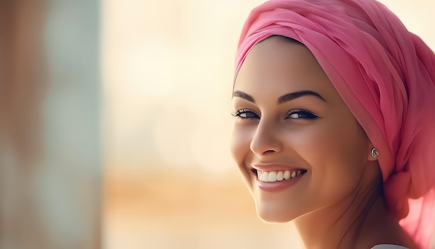 Smiling woman in pink headscarf on her head world cancer day concept