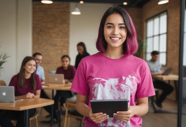 A smiling woman in a pink tshirt uses a digital pad in a coworking space reflecting a casual yet