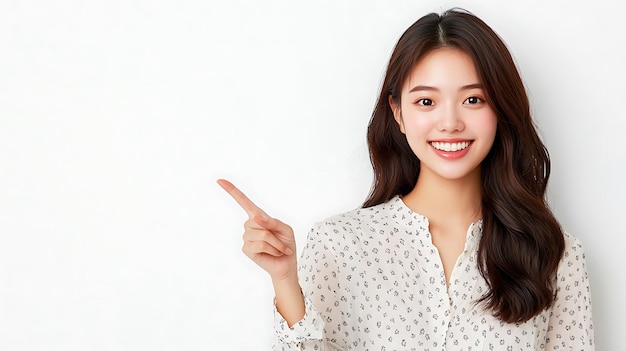 Smiling Woman Pointing to the Right Against a White Background