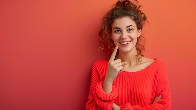 Smiling woman pointing with finger at copy space