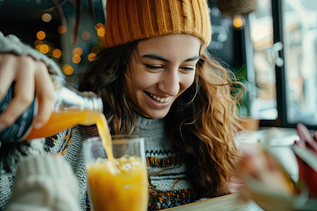 Photo smiling woman pouring juice to friend