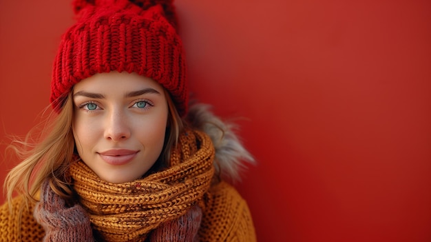 Smiling Woman in Red Hat and Scarf