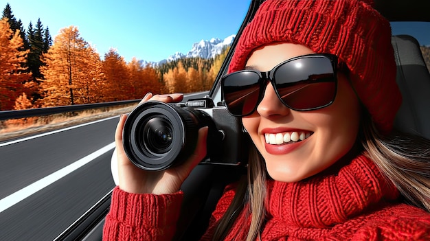 Photo smiling woman in red sweater and beanie capturing autumn scenery