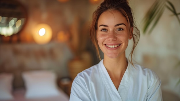 Photo smiling woman in a relaxing massage salon environment during a blissful session