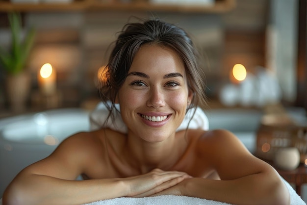 Photo smiling woman relaxing in spa while masseuse making sound