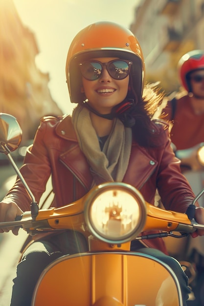 Smiling woman riding scooter with sunset light and city vibe