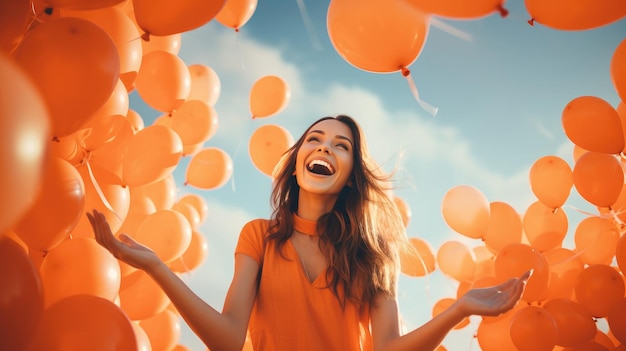 Smiling woman sets thousands of orange balloons free in joy