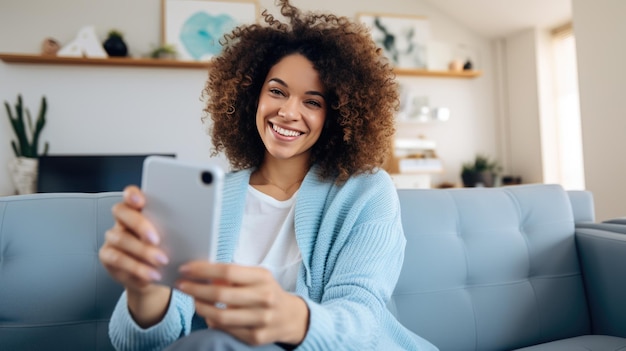 Smiling woman sits on the couch at home and stares into her smartphone