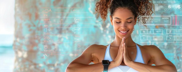 Smiling woman in sports attire practicing yoga with futuristic health data overlay