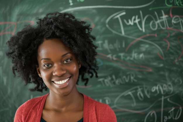 A smiling woman stands in front of a chalkboard covered in colorful writing and doodles embodying a positive and educational spirit