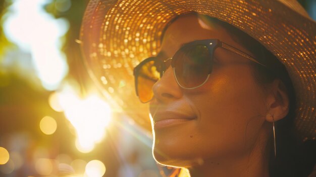 Photo a smiling woman in a straw hat and sunglasses is basking in the sunlight encapsulating a relaxed