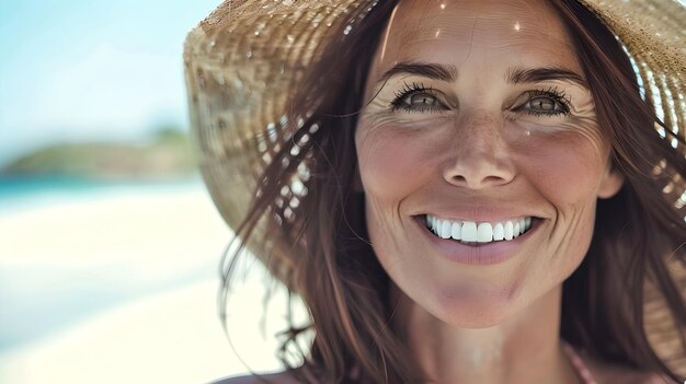 Smiling Woman on a Sunny Beach Wearing a Straw Hat Casual Summer Portrait with a Relaxing Vibe Joyful Female Enjoying the Coastline AI