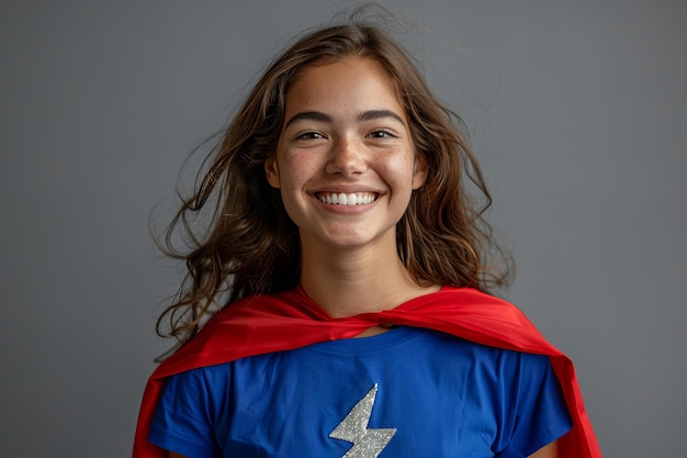 Photo smiling woman in superhero attire blue tshirt red cape lightning bolt symbol on chest grey back